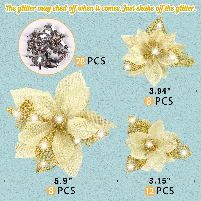 Geefuun 28PCS Christmas Tree Decorations: Poinsettias Artificial Flowers Ornaments Xmas Gold Glitter Flower with Clips - Image 4